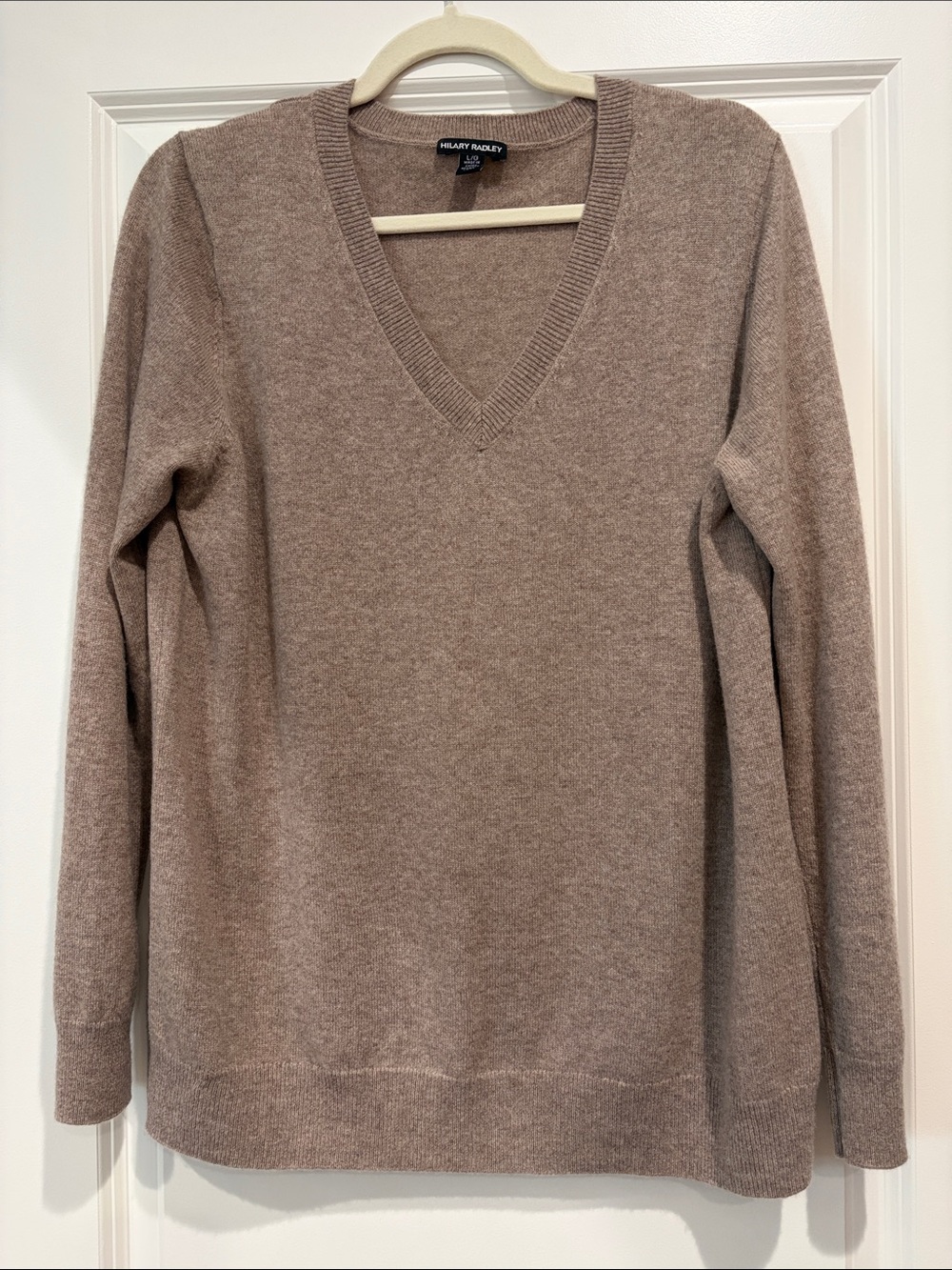 Hilary Radley Women's V-Neck Taupe/Brown Cashmere Classic Basic Sweater, Large